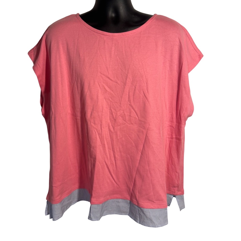 Tommy Hilfiger Womens 2X Coral Pink Layered Pinstripe Hem Short Sleeve Top NWT